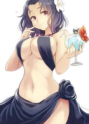  2girls bare_arms bikini breasts cleavage commentary_request cowboy_shot cup drink drinking_glass drinking_straw flower flying_sweatdrops hair_flower hair_ornament holding holding_cup in_container in_cup kantai_collection large_breasts mini_person minigirl multiple_girls navel official_alternate_costume purple_eyes purple_hair sarong simple_background smile stomach swimsuit tatsuta_(kancolle) tatsuta_(swimsuit_mode)_(kancolle) tenryuu_(kancolle) utopia white_background white_flower 