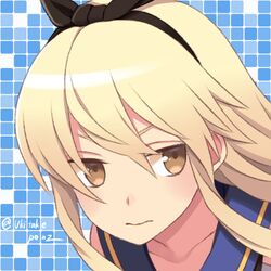  3: bad_id bad_twitter_id blonde_hair blue_background brown_eyes collarbone female frown hair_between_eyes hairband kantai_collection long_hair looking_away looking_to_the_side portrait school_uniform serafuku shimakaze_(kancolle) solo sora_yoshitake_yuda twitter_username 