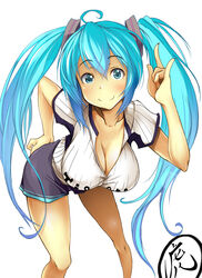  \m/ ahoge aqua_eyes aqua_hair bad_id bad_pixiv_id blush breasts cleavage female gengoroh hand_on_own_hip hanging_breasts hatsune_miku large_breasts leaning_forward long_hair looking_at_viewer shiny_skin shirt smile solo taut_clothes taut_shirt twintails very_long_hair vocaloid white_background 