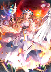  blonde_hair blue_eyes blush breasts cloud collarbone commentary_request dress feathers female flower full_moon glowing_feather head_wreath highres latale long_hair looking_at_viewer medium_breasts mimi_(ranma3049) moon parted_lips seres_(latale) sky solo sparkle staff standing strapless strapless_dress very_long_hair white_dress white_wings wings 