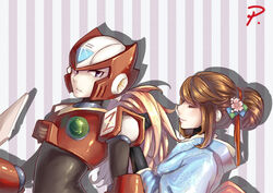  1boy android blonde_hair blue_eyes brown_hair capcom chinese_commentary closed_mouth commentary_request ct_wind female flower hair_bun hair_flower hair_ornament helmet iris_(mega_man) japanese_clothes kimono long_hair mega_man_(series) mega_man_x_(series) parted_lips patterned_background photoshop_(medium) profile sidelocks single_hair_bun smile striped striped_background tied_hair zero_(mega_man) 