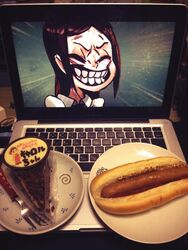  2d_dating brown_hair closed_eyes commentary computer english_commentary female food fork grin hot_dog laptop macbook nyoro_mutou painwheel_(skullgirls) photo_(medium) plate scar skullgirls smile spoilers 