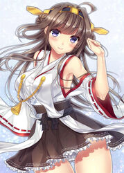  bad_id bad_pixiv_id bare_shoulders blush breasts brown_hair detached_sleeves double_bun female frilled_skirt frills hair_bun hair_ornament hairband headgear japanese_clothes kantai_collection kongou_(kancolle) large_breasts light_smile long_hair nontraditional_miko panties pantyshot ribbon-trimmed_sleeves ribbon_trim skirt smile solo umeko_(koori_ume) underwear white_panties 