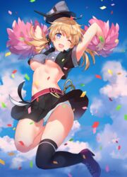  ;d adapted_costume alternate_eye_color anchor_hair_ornament black_legwear black_skirt blonde_hair blue_eyes breasts confetti crop_top cropped_shirt cross-laced_footwear female from_below hair_ornament hair_ribbon hat hat_flying_off high_heels jumping kantai_collection kneehighs long_hair medium_breasts one_eye_closed open_mouth pantyshot_(jumping) peaked_cap pom_poms prinz_eugen_(kantai_collection) red_shoes ribbon shoes short_sleeves single_thighhigh skirt sky smile solo thighhighs tousaki_umiko twintails underboob 