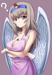  ? angel_wings arms_under_breasts blue_eyes blue_hairband breast_hold breasts cleavage clenched_hands closed_mouth commentary_request crossed_arms dress emblem erika_(daimos) feathered_wings female frown fujimaru_arikui girls_und_panzer grey_background grey_hair hairband itsumi_erika jewelry kuromorimine_(emblem) long_hair looking_at_viewer medium_breasts name_connection necklace partial_commentary purple_dress simple_background sleeveless sleeveless_dress solo standing toushou_daimos white_wings wings 