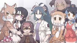  6+girls :d animal_ears black_hair blue_bow blue_hair blue_neckwear bow bowtie breast_pocket brown_eyes brown_gloves brown_hair collarbone collared_shirt commentary_request dodo_(kemono_friends) ear_piercing elbow_gloves empty_eyes extra_ears facepaint fingerless_gloves fur_collar gloves gradient_hair great_auk_(kemono_friends) green_hair hair_between_eyes hair_ribbon hairband hand_in_pocket hat head_wings hug impossible_clothes impossible_shirt japanese_otter_(kemono_friends) japanese_wolf_(kemono_friends) japari_symbol japari_symbol_print kako_(kemono_friends) kemono_friends lab_coat long_hair long_sleeves looking_at_viewer miniskirt mojibake_commentary multicolored_hair multiple_girls north_island_giant_moa_(kemono_friends) oerba_yun_fang open_mouth orange_eyes otter_ears otter_tail passenger_pigeon_(kemono_friends) pen_in_pocket pencil_skirt piercing pink_hair plaid plaid_bow plaid_neckwear plaid_skirt pleated_skirt pocket purple_eyes red_vest ribbon sailor_collar shirt short_sleeves skirt sleeveless sleeveless_shirt smile spotted_hair tail tanaka_kusao tareme thighhighs tsurime two-tone_hair v vest white_gloves white_hair white_ribbon wings wolf_ears yellow_eyes zettai_ryouiki 