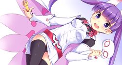  black_thighhighs blush boots cape commentary_request female highres komadori_renge long_hair long_sleeves looking_at_viewer mask mokoke open_mouth purple_eyes purple_hair ribbon-trimmed_sleeves ribbon_trim sekai_seifuku:_bouryaku_no_zvezda solo thighhighs twintails white_robin 