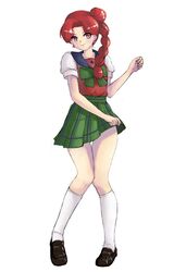  bishoujo_senshi_sailor_moon bishoujo_senshi_sailor_moon_s bow braid clothes_lift commentary_request female hair_bun highres long_hair michael49755 mugen_gakuen_school_uniform plaid plaid_skirt pleated_skirt ptilol_(sailor_moon) red_eyes red_hair school_uniform serafuku side_braid single_braid single_hair_bun single_side_bun skirt skirt_lift smile solo star_(symbol) white_background witches_5 