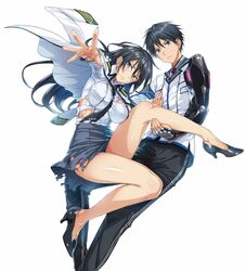  1boy black_eyes black_hair blue_eyes blue_skirt breasts brother_and_sister commentary_request female hida_kizuna hida_reiri high_heels hisasi large_breasts long_hair looking_at_viewer masou_gakuen_hxh necktie official_art short_hair siblings skirt torn_clothes white_background 