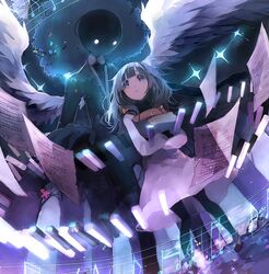  alice_(deemo) ayatoki-1 bad_id bad_pixiv_id beamed_eighth_notes beamed_sixteenth_notes book deemo deemo_(character) dress eighth_note female long_hair musical_note notes piano_keys sheet_music shoes staff_(music) white_wings wings 