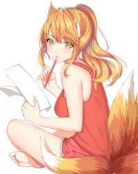  animal_ears armpit_crease bangs bare_arms bare_shoulders barefoot blonde_hair boyshorts breasts commentary english_commentary feet female fox_ears fox_girl fox_tail from_side highres holding holding_paper holding_pen indian_style kawaii_nihongo kitsune long_hair looking_at_viewer looking_to_the_side medium_breasts paper parted_lips pen ponytail r3d red_shirt red_shorts riko_(kawaii_nihongo) shirt shorts sidelocks simple_background sitting sleeveless sleeveless_shirt solo tail tank_top thighs white_background yellow_eyes 