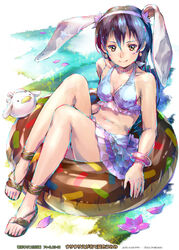  animal_ears anklet bikini bikini_top_only black_hair commentary_request ek_masato female frills highres innertube jewelry love_live! love_live!_school_idol_project midriff minami_kotori_(bird) navel photoshop_(medium) rabbit_ears sandals smile solo_focus sonoda_umi swim_ring swimsuit yellow_eyes 