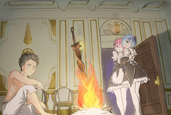  1boy 2girls black_hair blue_eyes blue_hair bone bonfire_(dark_souls) brown_eyes commentary dark_souls_(series) dark_souls_i detached_sleeves english_commentary fire hair_ornament hair_over_one_eye highres maid multiple_girls natsuki_subaru own_hands_clasped own_hands_together pantyhose parody pectorals pink_hair ram_(re:zero) re:zero_kara_hajimeru_isekai_seikatsu rem_(re:zero) roswaal_mansion_maid_uniform short_hair siblings sisters sitting sword topless_male twins viperxtr weapon x_hair_ornament 