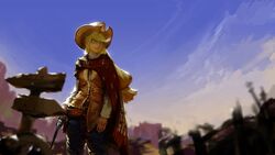  a_fistful_of_dollars aci_(hyc123cyh321) applejack_(mlp) bad_id bad_pixiv_id commentary cosplay cowboy_western female gun handgun highres long_hair man_with_no_name man_with_no_name_(cosplay) my_little_pony my_little_pony:_friendship_is_magic outdoors personification solo weapon 