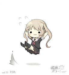  :3 arms_up bad_id bad_pixiv_id black_serafuku boots chibi female flying_sweatdrops full_body highres kantai_collection legs_up long_hair murasame_(kancolle) school_uniform serafuku shadow simple_background solid_circle_eyes solo white_background yuasan 