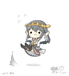  :3 arms_up bad_id bad_pixiv_id black_hair boots bow chibi female flying_sweatdrops hair_ornament hairclip haruna_(kancolle) headgear highres kantai_collection legs_up long_hair nontraditional_miko ribbon-trimmed_sleeves ribbon_trim shadow simple_background skirt solid_circle_eyes solo thigh_boots thighhighs white_background wide_sleeves yuasan 