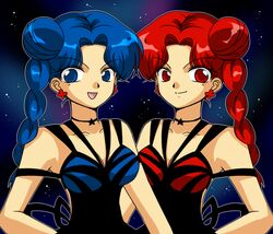  2girls :d bishoujo_senshi_sailor_moon bishoujo_senshi_sailor_moon_s blue_eyes blue_hair braid breasts choker cleavage commentary_request cyprine_(sailor_moon) dress fukumitsu_(kirarirorustar) hair_bun long_hair medium_breasts multiple_girls neck open_mouth ptilol_(sailor_moon) red_eyes red_hair siblings side_braid single_braid single_hair_bun single_side_bun sisters smile star_(symbol) starry_background witches_5 