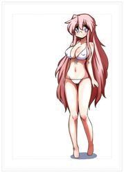  bad_id bad_twitter_id bikini blush body_blush breasts cleavage covered_nipples female front-tie_top glasses highres large_breasts long_hair looking_at_viewer lucky_star mizushima_(p201112) navel pink_hair purple_eyes shiny_skin skindentation smile solo standing strap_gap swimsuit takara_miyuki thigh_gap trim_marks very_long_hair white_background white_bikini 