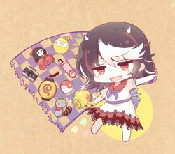  23_(candy_chapus) :d barefoot black_hair blue_neckerchief blush bomb camera checkered chibi commentary_request cone_horns doll dress explosive female horns impossible_spell_card jizou kijin_seija lantern miracle_mallet multicolored_hair neckerchief nimble_fabric notice_lines oerba_yun_fang open_mouth orb paper_lantern parasol red_hair sailor_collar sash short_sleeves small_horns smile solo sparkle streaked_hair touhou umbrella white_hair white_horns yin_yang yin_yang_orb 