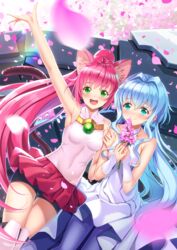  2girls :d animal_ears aqua_eyes arm_up armpits bare_shoulders bike_shorts blue_hair cat_ears cat_tail cherry_blossoms commentary_request dress flower green_eyes gundam gundam_build_divers hair_between_eyes highres long_hair looking_at_viewer momo_(gundam_build_divers) multiple_girls open_mouth pantyhose petals pink_hair pink_skirt pleated_skirt ponytail sara_(gundam_build_divers) shirt skirt sleeveless sleeveless_dress sleeveless_shirt smile swordsouls tail thigh_gap thighhighs very_long_hair white_dress yashiro_momoka 