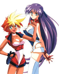  1990s_(style) 2girls arms_behind_back black_gloves blonde_hair breasts choker cleavage cowboy_shot dark-skinned_female dark_skin dirty_pair dirty_pair_flash dyed_bangs earrings gloves green_eyes highleg highleg_leotard jewelry kei_(dirty_pair_flash) kimura_takahiro large_breasts leotard long_hair looking_at_viewer multicolored_hair multiple_girls non-web_source official_art open_mouth orange_hair own_hands_together photoshop_(medium) purple_eyes purple_hair red_gloves retro_artstyle short_hair simple_background sleeveless smile thighhighs two-tone_hair v_arms very_long_hair white_background white_legwear white_leotard yuri_(dirty_pair_flash) 