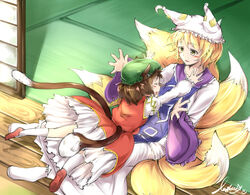  2girls animal_ears animal_hat blonde_hair brown_hair cat_ears cat_tail chen closed_eyes commentary_request dress fox_tail hat imminent_hug jumping leglus long_sleeves mob_cap multiple_girls multiple_tails nekomata open_clothes open_dress outstretched_arms red_dress shirt shoes signature sitting smile socks tabard tail tassel tatami touhou two_tails veranda white_dress wide_sleeves yakumo_ran yellow_eyes 