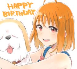  :d ahoge animal_collar bare_shoulders blush canine collar commentary_request english_text female hair_between_eyes happy_birthday highres hug looking_at_viewer love_live! love_live!_sunshine!! musshu_(omu001) open_mouth orange_hair portrait red_eyes shiitake_(love_live!_sunshine!!) short_hair simple_background smile solo takami_chika white_background 