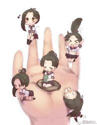  &gt;_&lt; 5girls :d =_= all_fours ayanami_(kancolle) between_legs blush_stickers brown_eyes brown_hair clone commentary_request cup cushion eighth_note green_tea hand_between_legs hanging_on happy highres in_palm jumping kantai_collection midriff mini_person minigirl multiple_girls musical_note navel o_o on_finger one-hour_drawing_challenge open_mouth pleated_skirt ponytail pov pov_hands scared school_uniform seiza serafuku signature sitting skirt smile sumisu_(mondo) sweatdrop tea tea_stalk trembling twitter_username wavy_mouth yunomi zabuton 