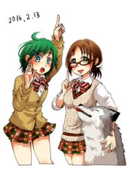  2girls blue_eyes bow bowtie brown_hair cardigan commentary_request coppelion countdown cowboy_shot dated fukasaku_aoi glasses green_eyes green_hair ikarimame looking_at_viewer miniskirt multiple_girls nomura_taeko open_mouth plaid plaid_skirt pointing school_uniform short_hair short_ponytail skirt striped_bow striped_bowtie striped_clothes sweater_vest white_background wolf 