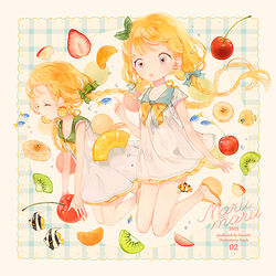  2girls :o air_bubble apple apple_slice bad_id bad_pixiv_id banana banana_slice bare_legs blonde_hair blue_sailor_collar bow braid bubble butterflyfish cherry clownfish cover cover_page doujin_cover dress earrings fish food food-themed_earrings fruit grey_eyes hairbow jewelry kiwi_(fruit) leaf leaf_on_head multiple_girls orange-shaped_earrings orange_(fruit) orange_slice original pechika sailor_collar sandals strawberry tropical_fish twin_braids yellowtail_fusilier 