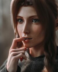  1girls 3d 3d_(artwork) aerith_gainsborough bangs bedroom_eyes biting_finger blender blender_(software) blurry_background braid braided_hair braided_twintails brown_hair close-up ecksoh female female_focus female_only final_fantasy final_fantasy_vii final_fantasy_vii_remake finger_in_mouth green_eyes highres lips long_hair looking_at_viewer 