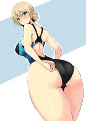  adjusting_clothes adjusting_swimsuit arm_behind_back ass black_one-piece_swimsuit blonde_hair blue_eyes blush braid breasts closed_mouth commentary competition_swimsuit cowboy_shot darjeeling_(girls_und_panzer) female foreshortening from_behind frown girls_und_panzer hifumi_hajime highres looking_at_viewer looking_back one-piece_swimsuit racerback short_hair simple_background solo standing swimsuit thighs tied_hair white_background 