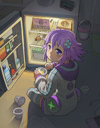  bottle carton clock commentary_request d-pad d-pad_hair_ornament earbuds earphones earphones_removed female food frown full_body hair_ornament handheld_game_console holding holding_spoon hood hooded_track_jacket jacket long_sleeves looking_at_viewer looking_back neptune_(neptunia) neptune_(series) paper photoshop_(medium) pudding purple_eyes purple_hair refrigerator segamark sitting solo spoon striped_clothes striped_thighhighs tears thighhighs track_jacket trash_can 