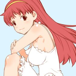  bare_shoulders blue_background breasts commentary_request female looking_at_viewer lowres medium_breasts red_eyes red_hair shinama simple_background smile solo tokimeki_memorial 