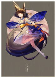  animal_ears animal_hands blade_&amp;_soul brown_eyes brown_hair chinese_commentary commentary_request detached_sleeves dog_ears female fighting_stance guan_tang_baozi hair_ornament highres japanese_clothes kimono large_tail leg_lift legs long_tail lyn_(blade_&amp;_soul) obi open_mouth photoshop_(medium) sandals sash short_hair solo sword tail weapon yukata 