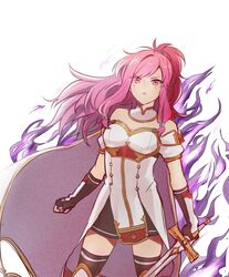  aura bare_shoulders black_thighhighs cape celica_(fire_emblem) celica_(fire_emblem)_(cosplay) commentary cosplay dark_aura detached_collar dress female fingerless_gloves fire_emblem fire_emblem:_the_sacred_stones fire_emblem_echoes:_shadows_of_valentia fire_emblem_heroes gloves highres holding holding_sword holding_weapon hzokki long_hair marisa_(fire_emblem) ponytail purple_eyes purple_hair simple_background solo sword thighhighs weapon white_background white_dress zettai_ryouiki 