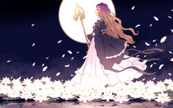  brown_hair commentary_request dress female flower full_moon glowing_flower gradient_hair hijiri_byakuren long_hair lotus meimaru_inuchiyo moon multicolored_hair petals purple_hair shakujou solo staff touhou white_flower white_lotus wide_sleeves 