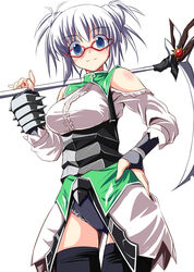  black_gloves black_thighhighs blue_eyes blush breasts closed_mouth commentary_request cowboy_shot fantasy_earth fantasy_earth_zero female fingerless_gloves glasses gloves hand_on_own_hip holding holding_weapon looking_at_viewer medium_breasts nirap over_shoulder red-framed_eyewear scythe simple_background smile solo thigh_gap thighhighs warrior_(azalea_armor)_(fantasy_earth_zero) warrior_(fantasy_earth) weapon weapon_over_shoulder white_background white_hair 