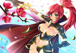  armor blush branch breasts bucchake_(asami) cape cleavage commentary_request cowboy_shot facial_mark faulds female flower gauntlets gorget grin high_ponytail highres kiseru large_breasts leaf long_hair looking_at_viewer mouth_hold navel oda_nobunaga_(sengoku_otome) outstretched_arm pauldrons petals ponytail red_hair sengoku_otome shoulder_armor sidelocks smile smoking_pipe solo sword water weapon yellow_eyes 