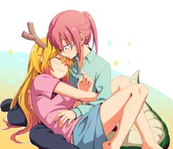  2girls :3 ^_^ bare_legs barefoot black_pants blonde_hair blue_shirt blue_skirt blush casual closed_eyes commentary_request couple cuddling dragon_girl dragon_horns dragon_tail dress_shirt feet_out_of_frame glasses heart horns hug kobayashi-san_chi_no_maidragon kobayashi_(maidragon) korean_commentary large_tail long_hair mixed-language_commentary multiple_girls nightea pants partial_commentary pink_hair pink_shirt scales shirt short_hair short_sleeves sitting sitting_on_lap sitting_on_person skirt smile tail tohru_(maidragon) yuri 