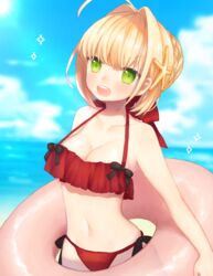  ahoge bad_id bad_pixiv_id bikini blonde_hair breasts cleavage commentary_request cowboy_shot fate/extra fate/extra_ccc fate_(series) female frilled_bikini frills green_eyes highres innertube looking_at_viewer medium_breasts munuko nero_claudius_(fate) nero_claudius_(fate/extra) open_mouth outdoors red_bikini solo sparkle swim_ring swimsuit 