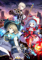  1boy 2girls antenna_hair battle_lord_(latale) belt blue_eyes blue_hair blush boots breasts brown_hair cape closed_mouth commentary_request crystal dual_wielding duelist_(latale) elemental_master_(latale) fire gears gloves gun hair_between_eyes hat heterochromia highres holding latale lightning long_hair looking_at_viewer low_twintails medium_breasts mimi_(ranma3049) multiple_girls pants parted_lips profile red_eyes red_footwear short_hair smile staff standing star-shaped_pupils star_(symbol) star_print sun sunset symbol-shaped_pupils thigh_boots thighhighs twintails very_long_hair weapon white_hair 