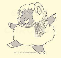  2018 alice_chrosny ambiguous_gender animal_crossing anthro biped blush bovid caprine closed_eyes cloven_hooves curved_horn digital_drawing_(artwork) digital_media_(artwork) domestic_sheep front_view full-length_portrait fur happy hi_res hooves horn mammal monochrome mostly_nude nintendo open_mouth open_smile plaid portrait scarf scarf_only sheep simple_background smile snout solo spread_arms spread_legs spreading toony vesta_(animal_crossing) wide_stance wool_(fur) yellow_and_white yellow_background 