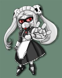  bloody_marie_(skullgirls) clothed_robot commentary dress gundam maid mecha mecha_musume no_humans nyoro_mutou outstretched_hand red_eyes robot sd_gundam skullgirls solo symbol-shaped_pupils twintails 