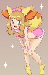  artist_request ass ass_shake bent_over boots breasts cosplay creatures_(company) crop_top female fennekin_(cosplay) game_freak lolicon long_hair midriff miniskirt nintendo no_panties pokemon pokemon_(game) pokemon_xy serena_(pokemon) skirt source_request 