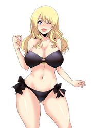  ;d alternate_hairstyle ass_visible_through_thighs bikini black_bikini blonde_hair blue_eyes breasts cleavage collarbone commentary_request cowboy_shot darjeeling_(girls_und_panzer) female girls_und_panzer groin hair_down hifumi_hajime highres large_breasts long_hair looking_at_viewer navel o-ring o-ring_top one_eye_closed open_mouth side-tie_bikini_bottom simple_background smile solo standing strapless strapless_bikini swimsuit thick_thighs thighs white_background 