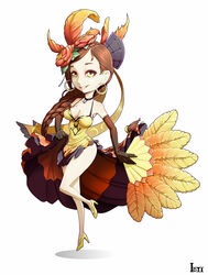  accessories braid brown_hair commentary_request dancer dress earrings feathers female flamenco flower hand_fan highres jewelry long_hair materclaws necklace rose solo summoner_war 