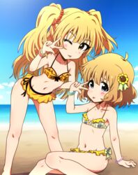  2girls :p ;p beach bikini blonde_hair blue_eyes brown_eyes brown_hair cloud commentary_request day hand_on_own_hip idolmaster idolmaster_cinderella_girls idolmaster_million_live! jougasaki_rika leaning_forward legs multiple_girls ocean one_eye_closed outdoors sky suou_momoko swimsuit tongue tongue_out two_side_up tyke water 