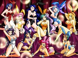  (my 6+girls animal_ears applejack_(mlp) ass blonde_hair bow bowtie breasts bunny_ears bunny_tail bunnysuit celestia_(my_little_pony) cleavage crown detached_collar everyone fluttershy_(mlp) green_hair grin hat high_heels highres hip_tattoo jadenkaiba kneeling large_breasts leg_up legs leotard long_hair luna_(my_little_pony) multicolored_hair multiple_girls my_little_pony my_little_pony_friendship_is_magic personification pink_hair pinkie_pie_(mlp) purple_hair rainbow_dash_(mlp) rainbow_hair rarity_(mlp) short_hair skirt smile socks tail tattoo thighhighs trixie_(my_little_pony) trixie_lulamoon twilight_sparkle_(mlp) very_long_hair vinyl_scratch wrist_cuffs 