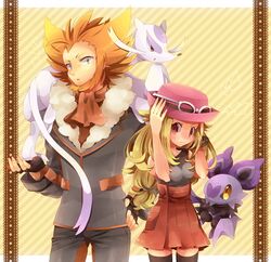  1boy artist_request beard blonde_hair facial_hair female fingerless_gloves fleur-de-lis_(pokemon) formal gloves hat mienshao nintendo noibat pokemon pokemon_(game) pokemon_xy red_eyes red_hair serena_(pokemon) shooting-star skirt suit wings yellow_eyes 